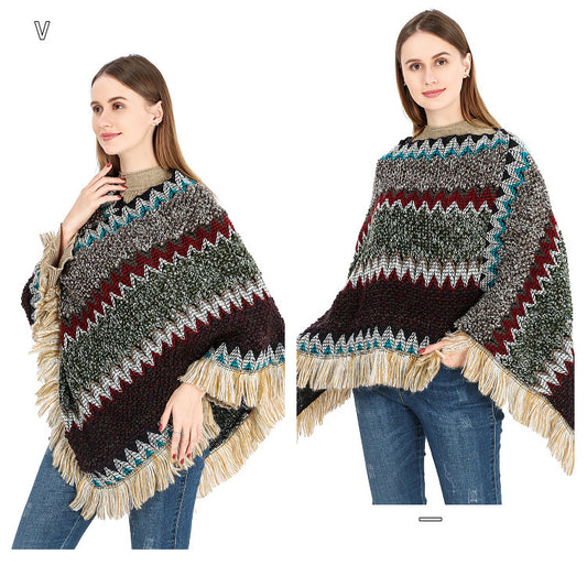 Warm Autumn And Winter Colorful Ethnic Style Pullover Cloak Women