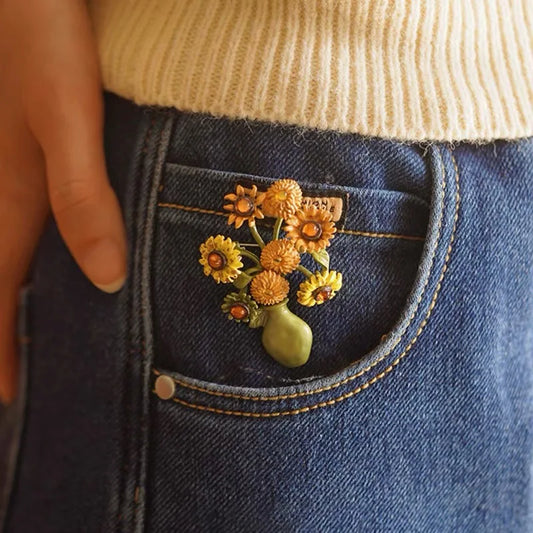 Van Gogh Sunflower Yellow Vase Brooch Artistic Accesory