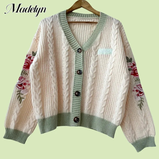 Autumn Winter Flower Embroided Cardigan for Woman