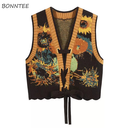 Vintage Folk Style Sweater Vests Women Minority New Aesthetics Knitted Reversible Clothes Designer Stylish Chic Casual Fashion